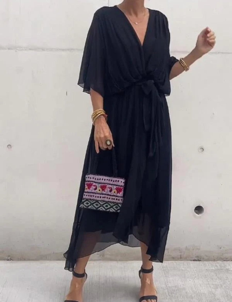 Victoria | Women's Chiffon Belted Deep V Neck Dress Flowy Midi 2