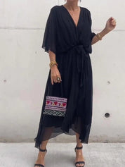 Victoria | Women's Chiffon Belted Deep V Neck Dress Flowy Midi 2