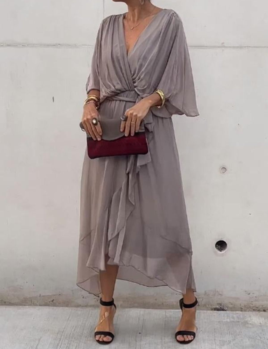 Victoria | Women's Chiffon Belted Deep V Neck Dress Flowy Midi 3