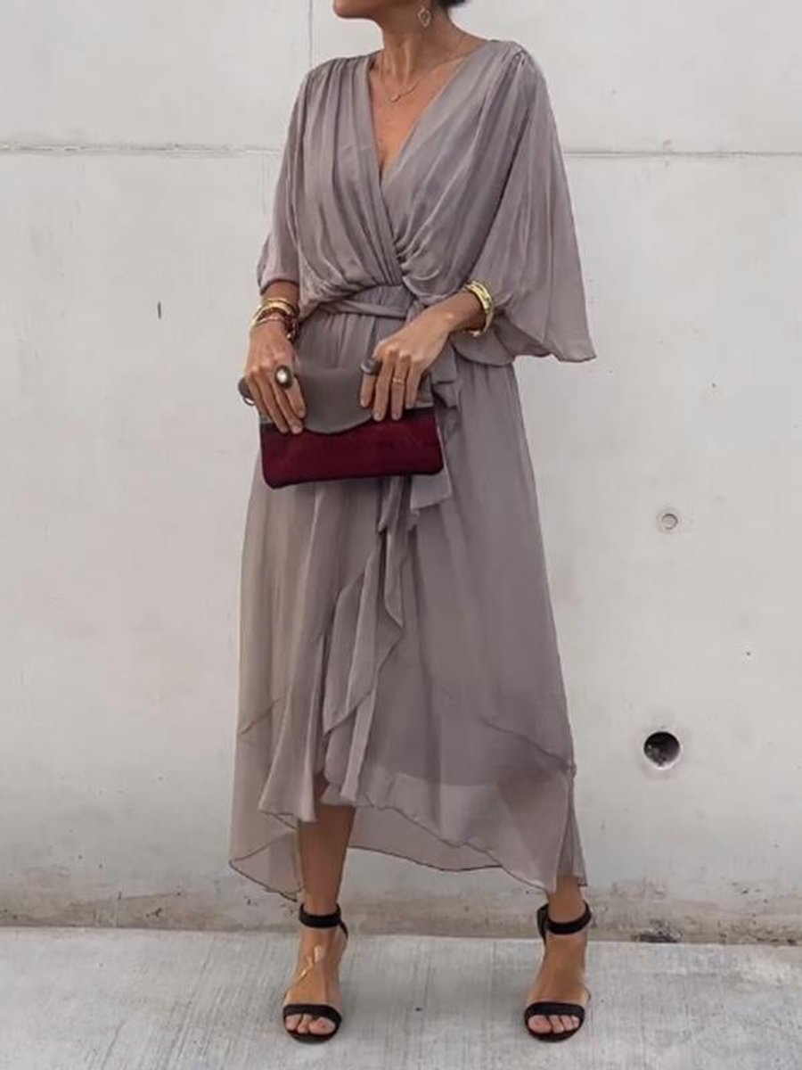Victoria | Women's Chiffon Belted Deep V Neck Dress Flowy Midi 3