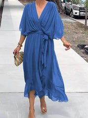 Victoria | Women's Chiffon Belted Deep V Neck Dress Flowy Midi 4