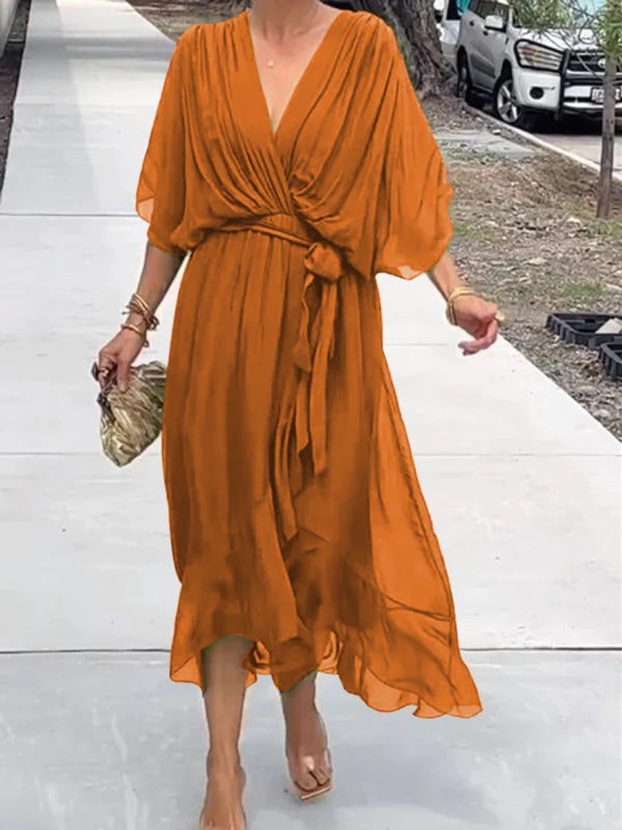 Victoria | Women's Chiffon Belted Deep V Neck Dress Flowy Midi 5