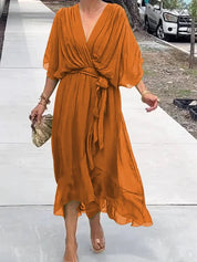 Victoria | Women's Chiffon Belted Deep V Neck Dress Flowy Midi 5