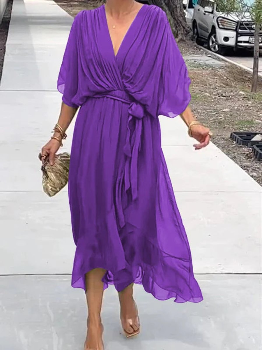 Victoria | Women's Chiffon Belted Deep V Neck Dress Flowy Midi 6