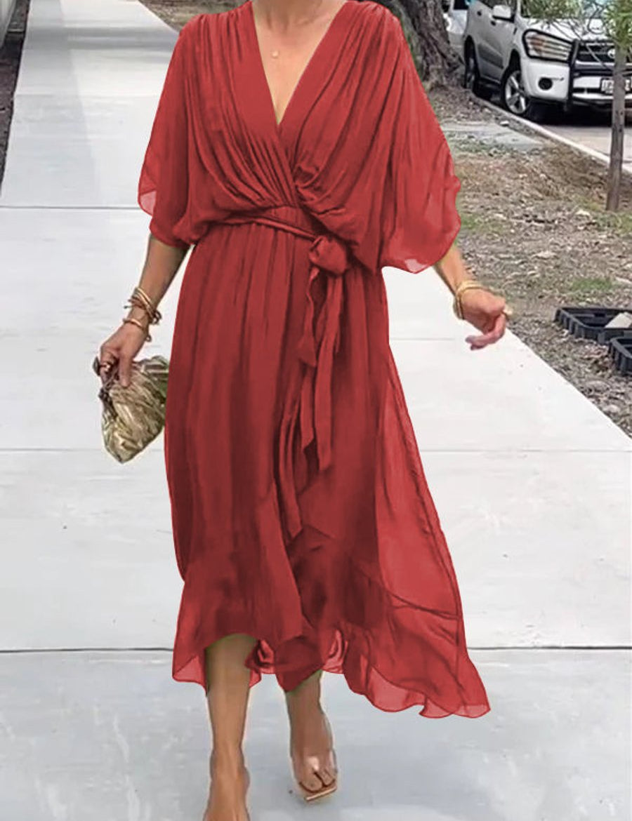Victoria | Women's Chiffon Belted Deep V Neck Dress Flowy Midi 7