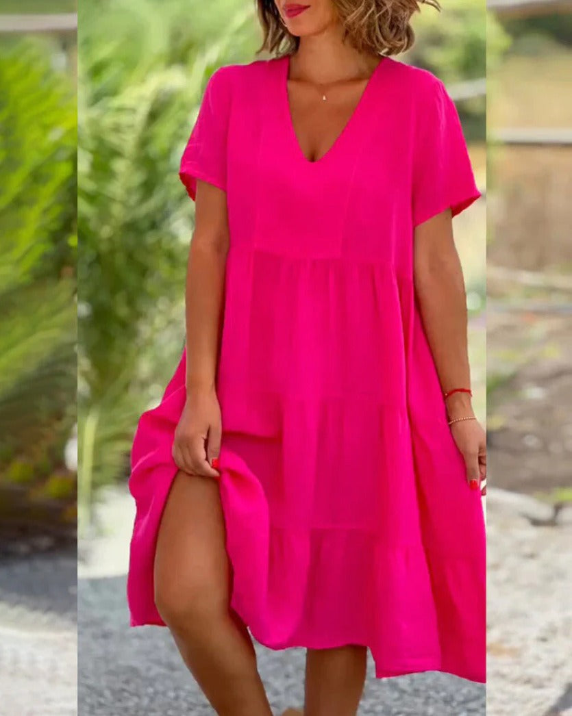 Pleated Sleeve V-Neck Smock Dress with Ruffles