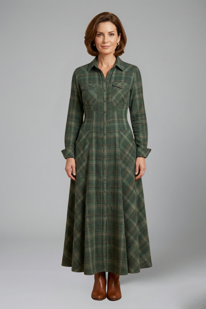 Women’s Button Front Maxi Dress with Long Sleeves and Plaid Pattern 0