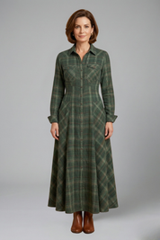 Women’s Button Front Maxi Dress with Long Sleeves and Plaid Pattern 0