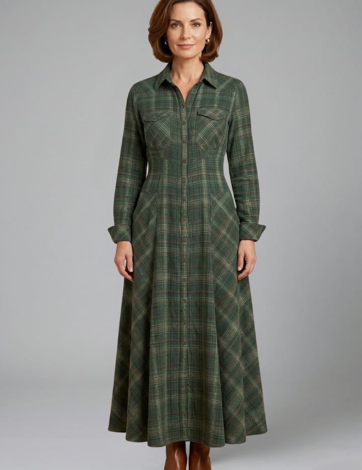 Women’s Button Front Maxi Dress with Long Sleeves and Plaid Pattern 0