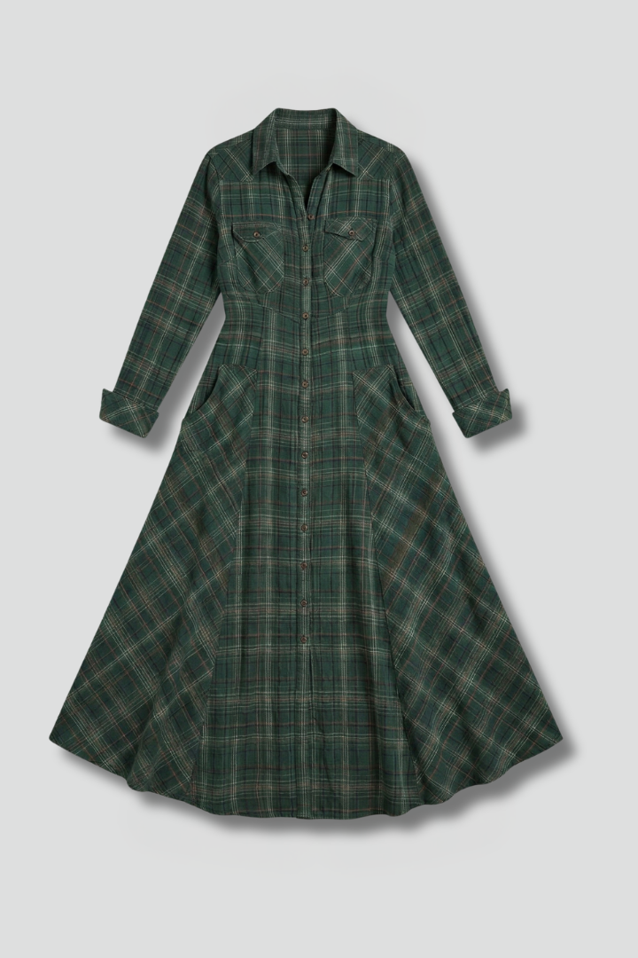 Women’s Button Front Maxi Dress with Long Sleeves and Plaid Pattern 1