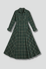 Women’s Button Front Maxi Dress with Long Sleeves and Plaid Pattern 1