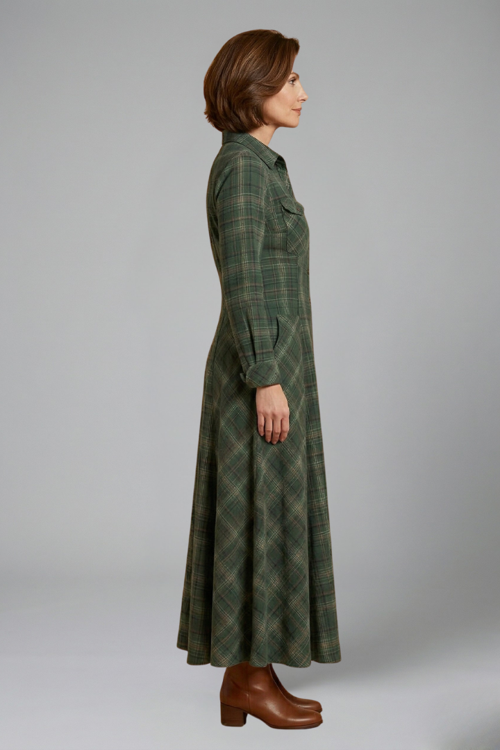 Women’s Button Front Maxi Dress with Long Sleeves and Plaid Pattern 2