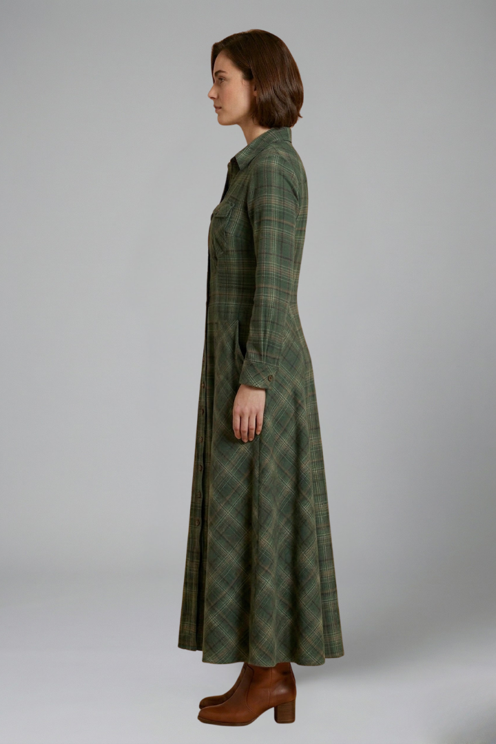 Women’s Button Front Maxi Dress with Long Sleeves and Plaid Pattern 4