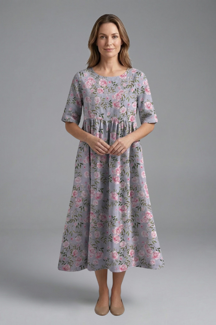 Women’s Floral Midi Dress with Round Neck and Flared Skirt 0