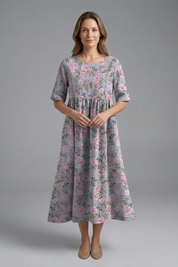 Women’s Floral Midi Dress with Round Neck and Flared Skirt 0