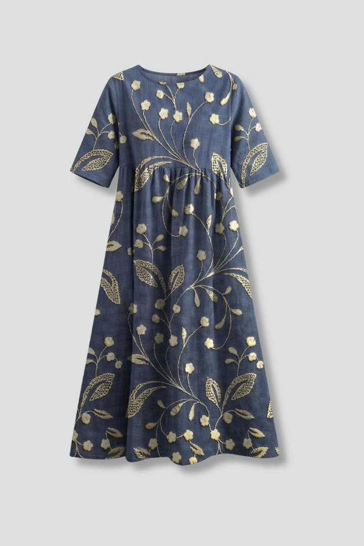 Women’s Floral Midi Dress with Round Neck and Flared Skirt 1