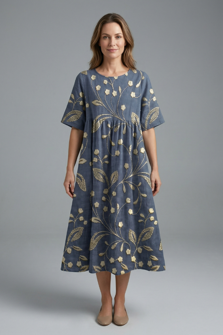 Women’s Floral Midi Dress with Round Neck and Flared Skirt 2
