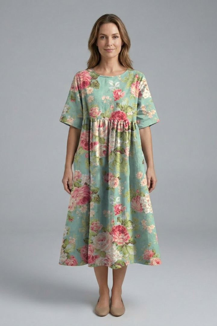 Women’s Floral Midi Dress with Round Neck and Flared Skirt 3