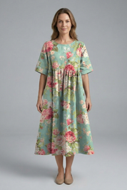 Women’s Floral Midi Dress with Round Neck and Flared Skirt 3