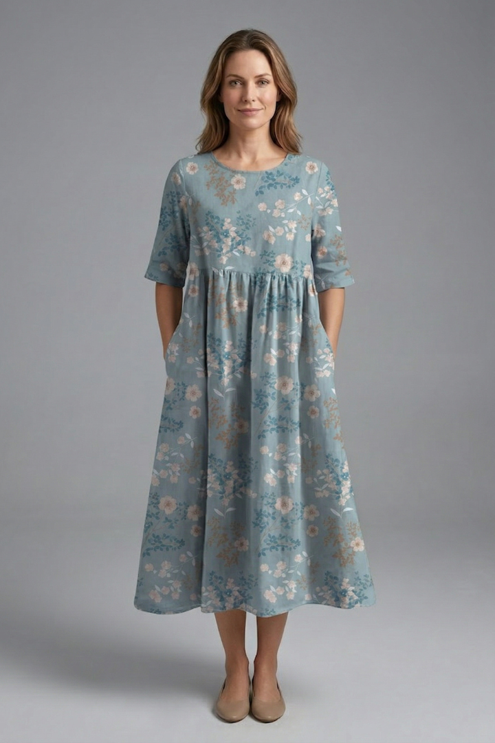 Women’s Floral Midi Dress with Round Neck and Flared Skirt 6