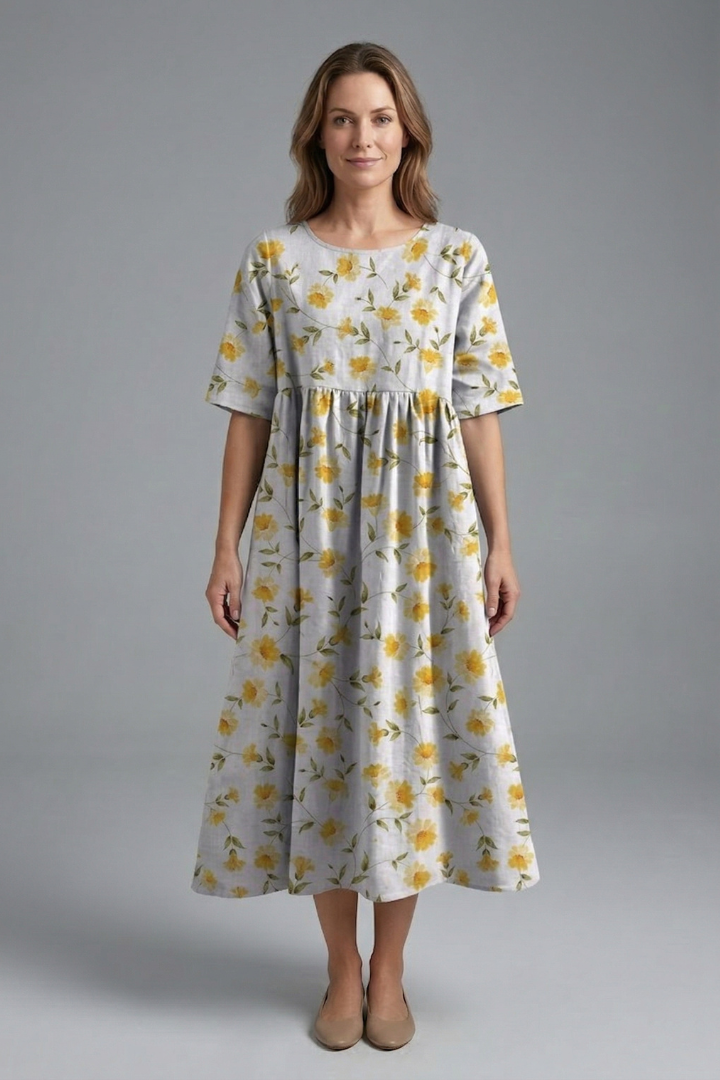 Women’s Floral Midi Dress with Round Neck and Flared Skirt 7