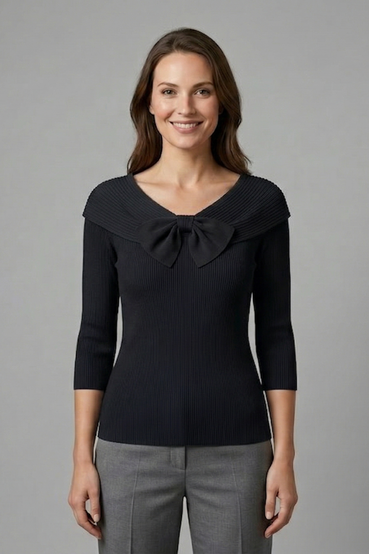 Women’s Long Sleeve Knitted Top with Bow Neckline Detail 0