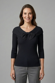 Women’s Long Sleeve Knitted Top with Bow Neckline Detail 0