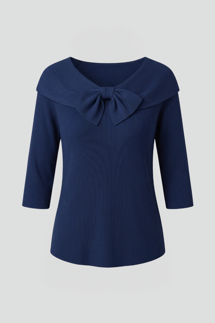 Women’s Long Sleeve Knitted Top with Bow Neckline Detail 1