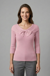 Women’s Long Sleeve Knitted Top with Bow Neckline Detail 6
