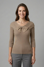 Women’s Long Sleeve Knitted Top with Bow Neckline Detail 8