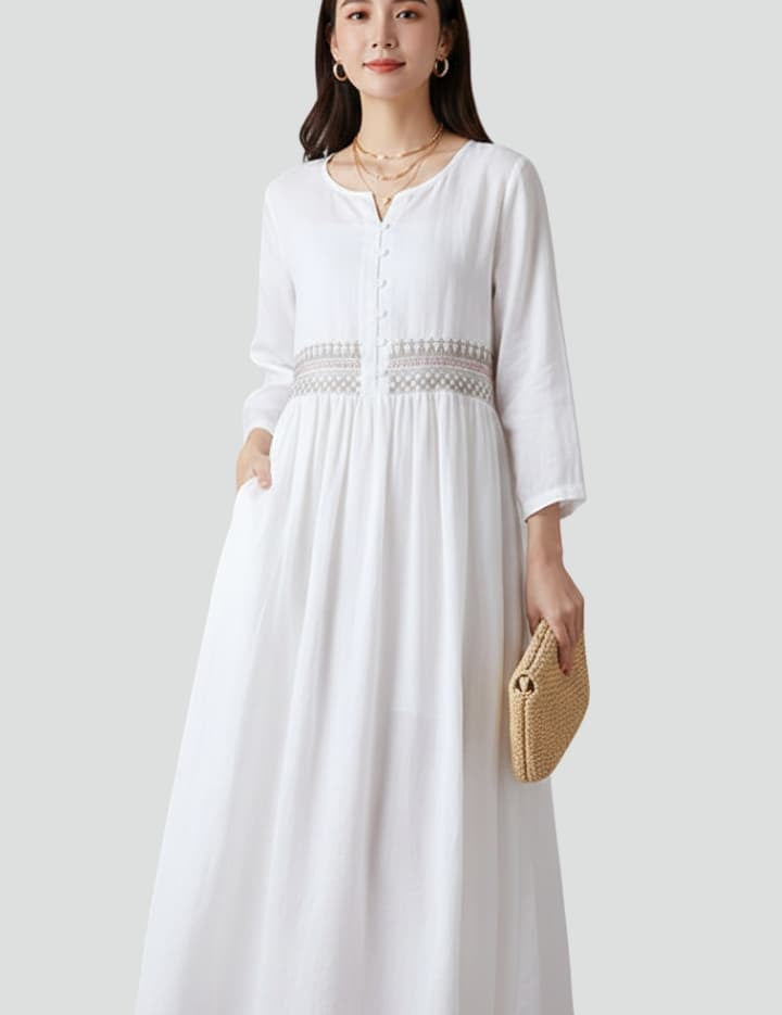 Women's Maxi Dress - Boho Embroidered Summer Dress with Relaxed Fit and Flowing Hem for Effortless Style 0