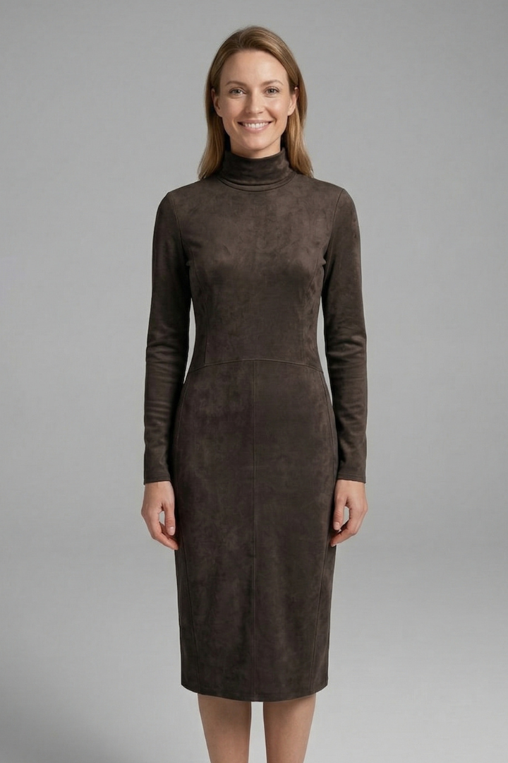 Women’s Midi Dress with High Neck and Long Sleeves Elegant Fit 0