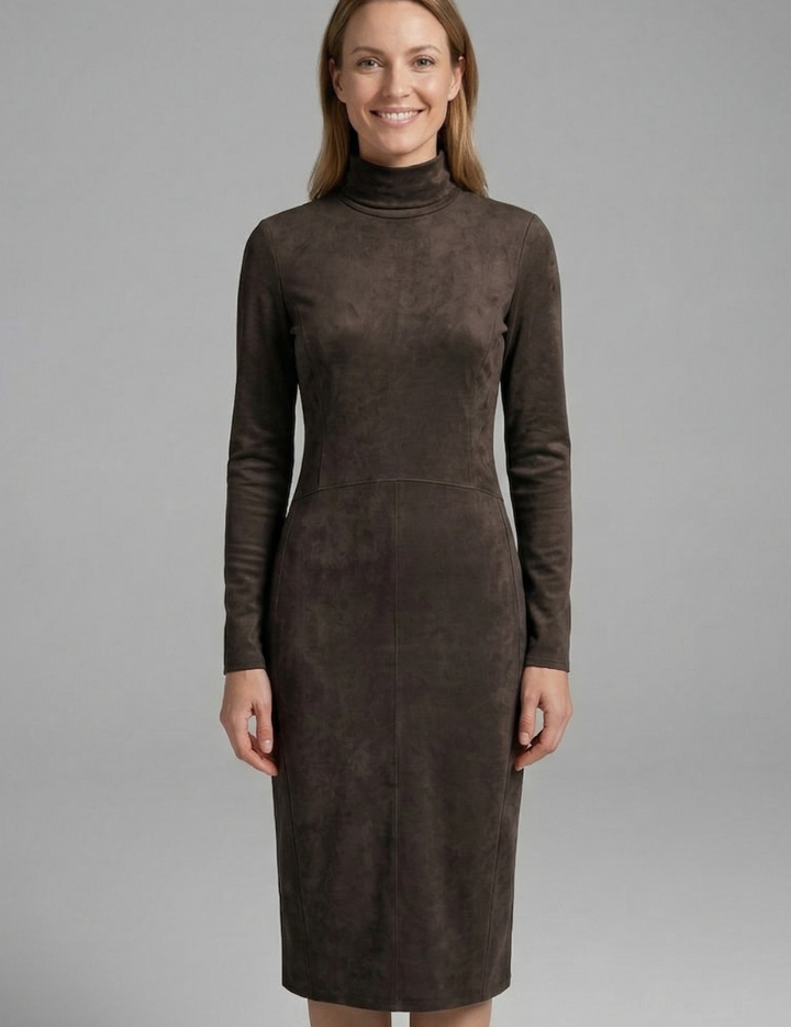 Women’s Midi Dress with High Neck and Long Sleeves Elegant Fit 0