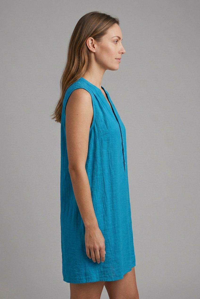 Women’s Sleeveless V-Neck Beach Dress with Button Placket Above Knee 3