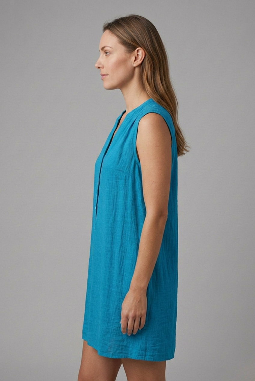Women’s Sleeveless V-Neck Beach Dress with Button Placket Above Knee 4