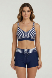 Women’s Striped V-Neck Bikini Set with Adjustable Drawstring Shorts 0