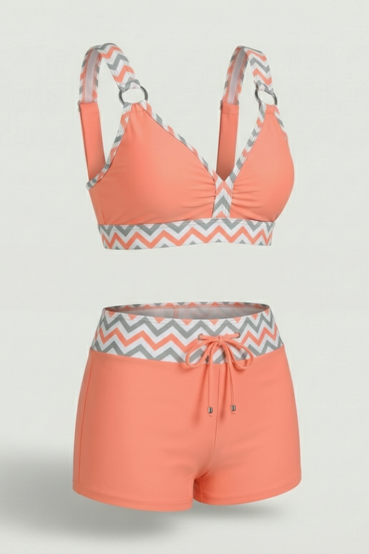 Women’s Striped V-Neck Bikini Set with Adjustable Drawstring Shorts 1