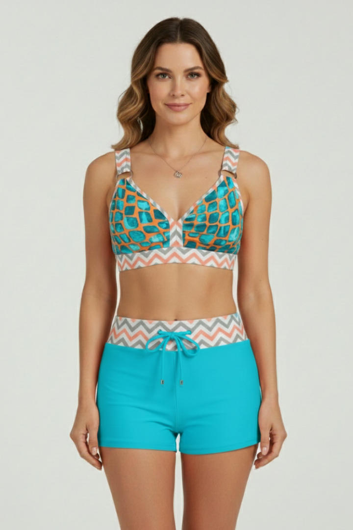 Women’s Striped V-Neck Bikini Set with Adjustable Drawstring Shorts 3