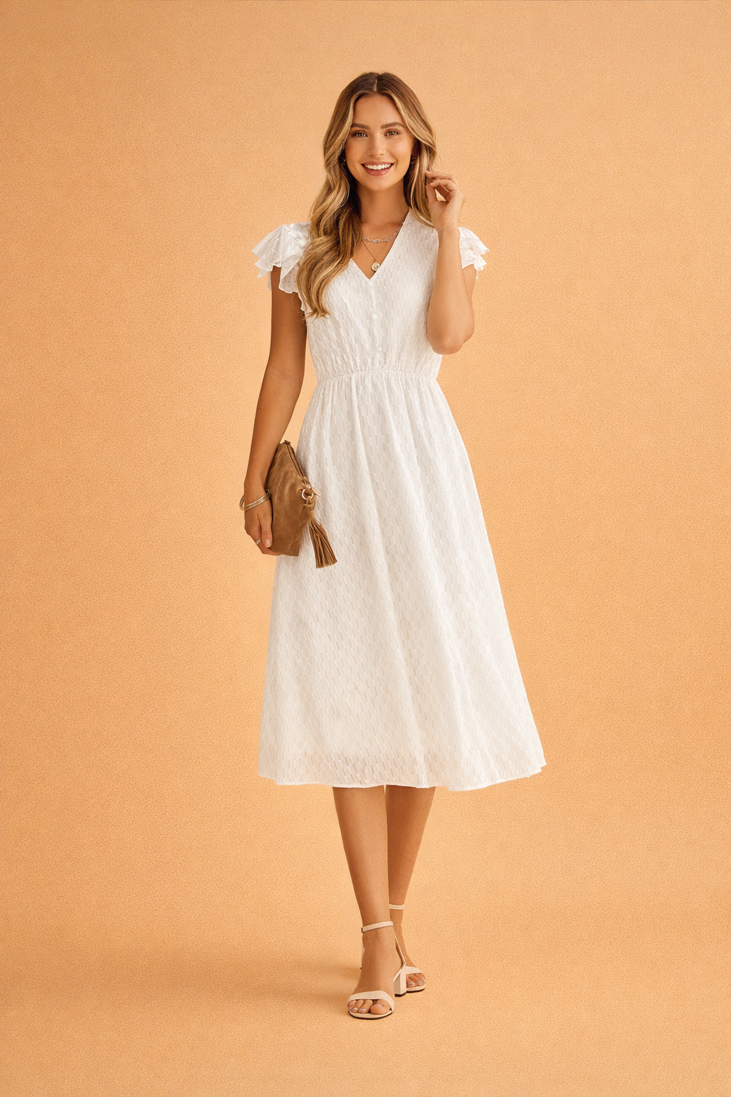 Women's Summer Midi Dress with Ruffle Sleeves and V-Neck for Chic Warm Weather Style 0