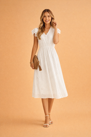 Women's Summer Midi Dress with Ruffle Sleeves and V-Neck for Chic Warm Weather Style 0