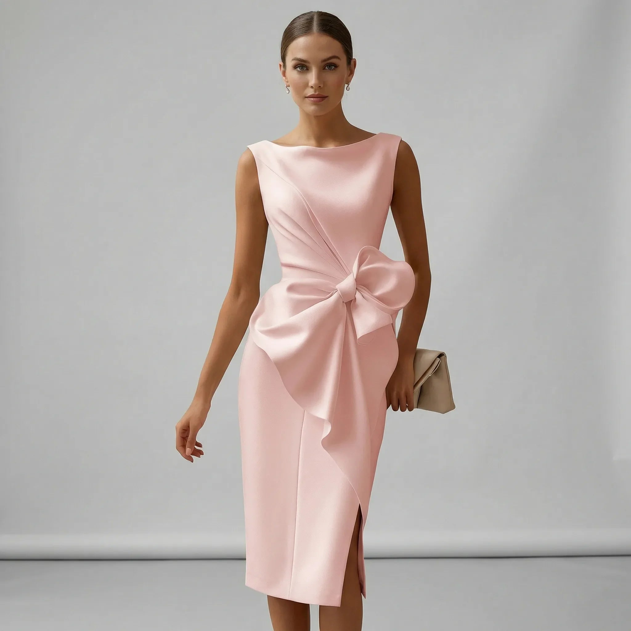 Women's White Cocktail Dress with Bow Detail - Elegant Midi Formal Dress for Special Occasions 0