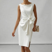 Women's White Cocktail Dress with Bow Detail - Elegant Midi Formal Dress for Special Occasions 4