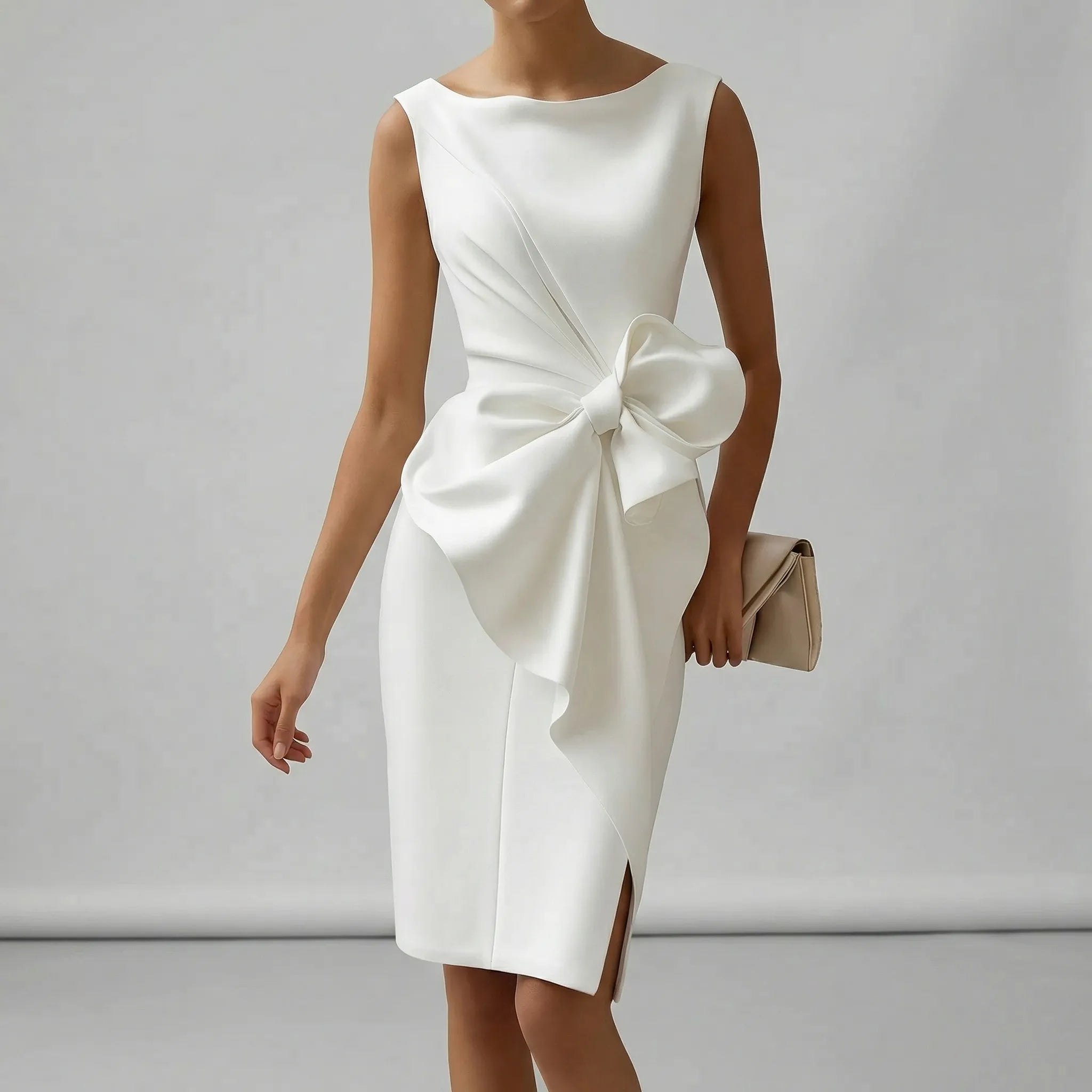 Women's White Cocktail Dress with Bow Detail - Elegant Midi Formal Dress for Special Occasions 4