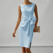 Women's White Cocktail Dress with Bow Detail - Elegant Midi Formal Dress for Special Occasions 5