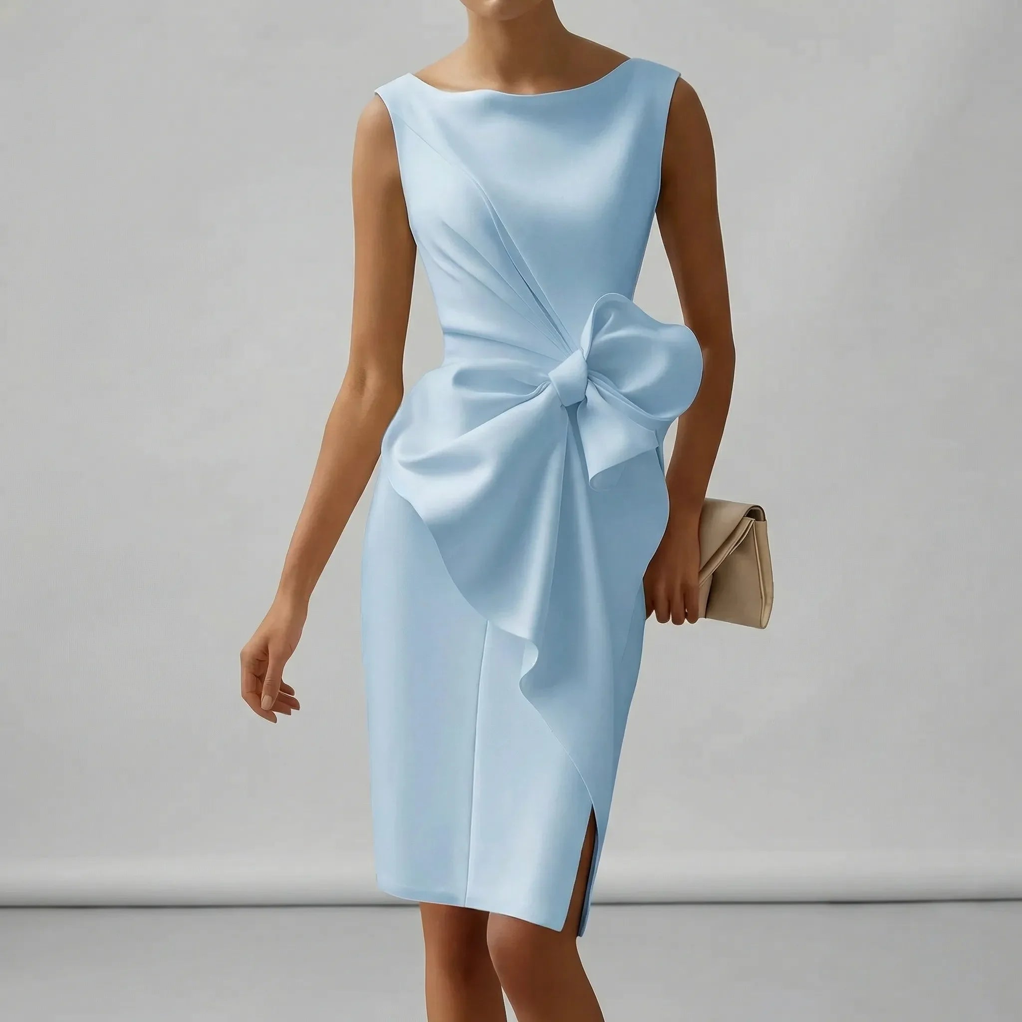 Women's White Cocktail Dress with Bow Detail - Elegant Midi Formal Dress for Special Occasions 5