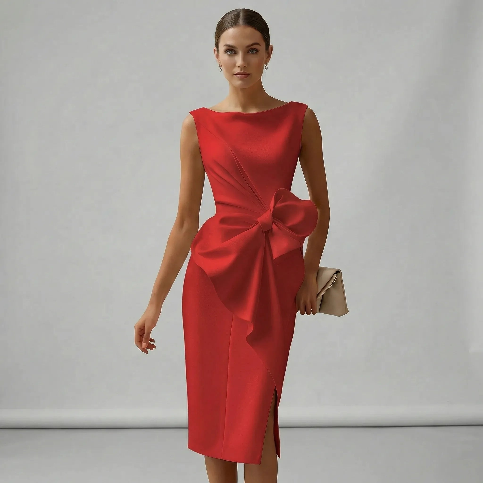 Women's White Cocktail Dress with Bow Detail - Elegant Midi Formal Dress for Special Occasions 6