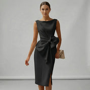 Women's White Cocktail Dress with Bow Detail - Elegant Midi Formal Dress for Special Occasions 7