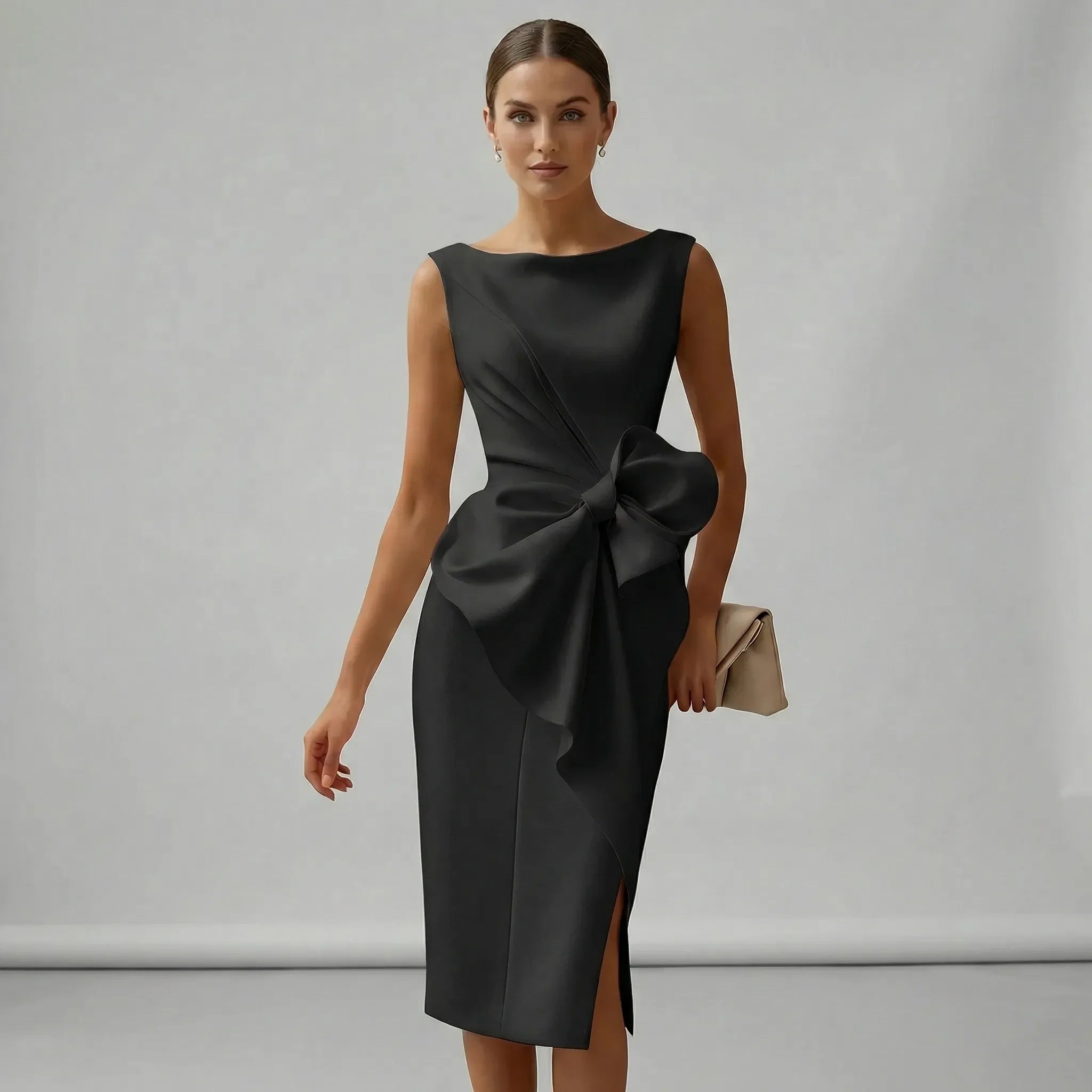 Women's White Cocktail Dress with Bow Detail - Elegant Midi Formal Dress for Special Occasions 7