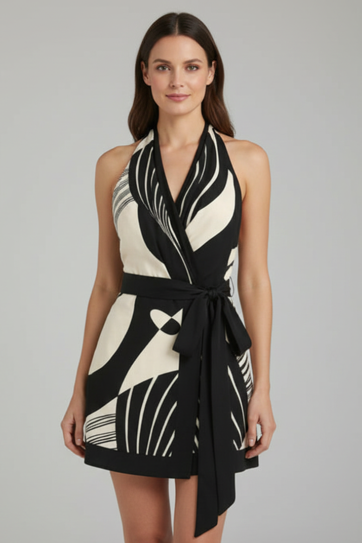 Women’s Wrap Mini Dress with Halter Neck and Tie Waist for Summer 0