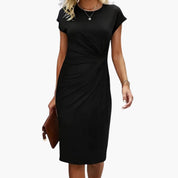 Womens Black Midi Dress - Elegant Summer Wedding Guest Dress with Fitted Waist and Round Neck, Perfect for Formal Occasions 0